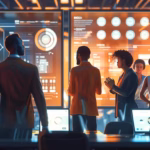 Diverse professionals collaborating in a modern office with AI analytics on screens