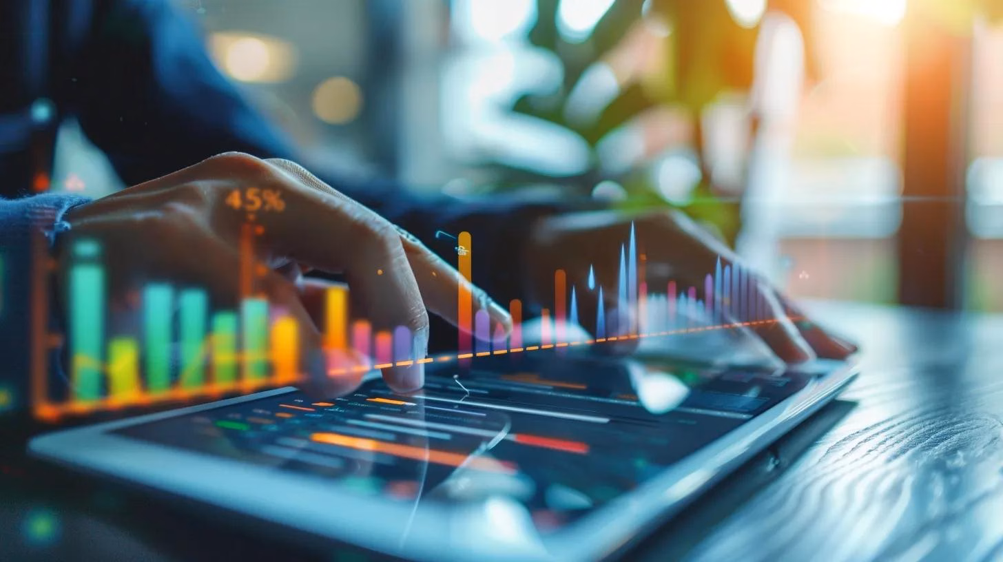 Business professional analyzing data with visuals of efficiency and conversion rates