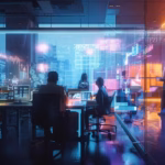 Sales team collaborating with AI tools in a modern office setting