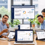 Diverse professionals collaborating in a modern office using AI tools for lead generation