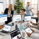 Sales team collaborating with AI tools in a modern office setting