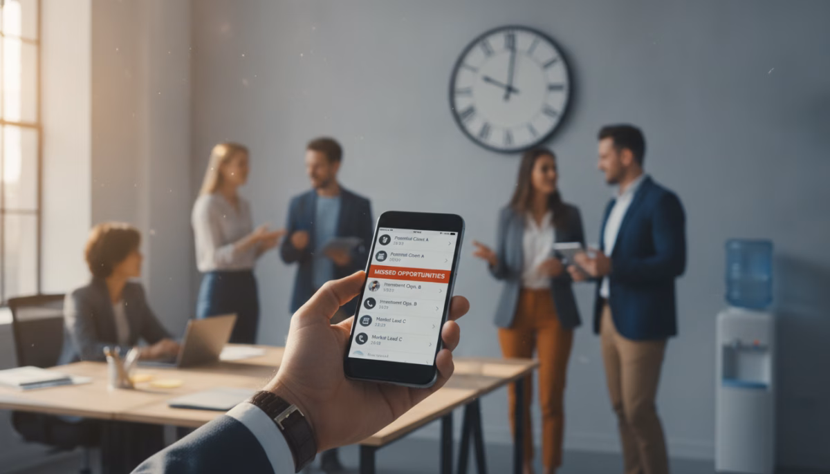 A close-up of a smartphone screen displaying multiple missed call notifications, symbolizing missed buying opportunities. The foreground features a hand in a professional business attire reaching for the phone, emphasizing urgency. In the middle ground, a blurred view of a busy office setting with colleagues interacting, dressed in smart casual clothing, showcasing a bustling environment. The background includes a large wall clock, its hands pointing to a critical time, hinting at the fleeting nature of opportunities. Soft, natural lighting filters through office windows, creating a warm yet slightly tense atmosphere. Overall, the mood conveys a sense of urgency and missed possibilities, illustrating the disconnect between potential sales and the team's ability to respond. A close-up of a smartphone screen displaying multiple missed call notifications, symbolizing missed buying opportunities. The foreground features a hand in a professional business attire reaching for the phone, emphasizing urgency. In the middle ground, a blurred view of a busy office setting with colleagues interacting, dressed in smart casual clothing, showcasing a bustling environment. The background includes a large wall clock, its hands pointing to a critical time, hinting at the fleeting nature of opportunities. Soft, natural lighting filters through office windows, creating a warm yet slightly tense atmosphere. Overall, the mood conveys a sense of urgency and missed possibilities, illustrating the disconnect between potential sales and the team's ability to respond.