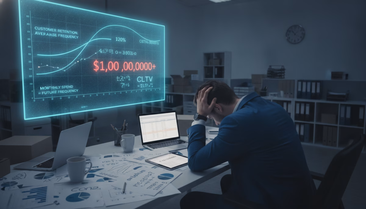 A cluttered office environment, illustrating common mistakes in assessing customer lifetime value. In the foreground, a frustrated business professional wearing smart business attire, surrounded by messy charts and spreadsheets showing incorrect metrics. In the middle, a large digital screen displays misleading graphs and figures about customer retention, misleadingly glowing. The background shows blurred office furniture, with a clock indicating time slipping away, creating a sense of urgency. Soft, overhead lighting illuminates the workspace while casting gentle shadows, enhancing the atmosphere of confusion and concern. The color palette consists of muted blues and grays, emphasizing a professional yet tense mood, capturing the essence of mismanagement in customer lifetime value comprehension. No text or human faces are visible.