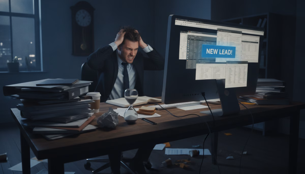 A cluttered office environment showcasing a frustrated business professional, dressed in smart business attire, seated at a desk. The foreground features stacks of paperwork and a slow, spinning hourglass symbolizing the delays in lead response. In the middle ground, a computer screen displays a notification of a new lead but is surrounded by multiple tabs and applications, illustrating the chaos of manual routing. The background reveals a clock on the wall showing a late hour, emphasizing urgency. Soft, natural lighting filters through a nearby window, casting gentle shadows that create a moody, tense atmosphere. The angle is slightly tilted to emphasize the disarray and pressure of slow response times in a professional context. A cluttered office environment showcasing a frustrated business professional, dressed in smart business attire, seated at a desk. The foreground features stacks of paperwork and a slow, spinning hourglass symbolizing the delays in lead response. In the middle ground, a computer screen displays a notification of a new lead but is surrounded by multiple tabs and applications, illustrating the chaos of manual routing. The background reveals a clock on the wall showing a late hour, emphasizing urgency. Soft, natural lighting filters through a nearby window, casting gentle shadows that create a moody, tense atmosphere. The angle is slightly tilted to emphasize the disarray and pressure of slow response times in a professional context.