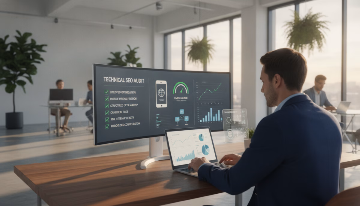 A digital workspace scene focused on technical SEO optimization. In the foreground, a professional wearing business attire is analyzing data on a laptop, surrounded by SEO analytics charts and graphs on the desk. The middle ground features a large monitor displaying a technical SEO checklist with items like "site speed," "mobile optimization," and "structured data," alongside visually appealing infographics. In the background, a modern office with sleek design elements, large windows letting in warm natural light, and plant decorations creating a fresh atmosphere. The scene has a vibrant yet professional mood, illuminated with soft lighting, and captured from a slightly elevated angle to provide a comprehensive view of the workspace. A digital workspace scene focused on technical SEO optimization. In the foreground, a professional wearing business attire is analyzing data on a laptop, surrounded by SEO analytics charts and graphs on the desk. The middle ground features a large monitor displaying a technical SEO checklist with items like "site speed," "mobile optimization," and "structured data," alongside visually appealing infographics. In the background, a modern office with sleek design elements, large windows letting in warm natural light, and plant decorations creating a fresh atmosphere. The scene has a vibrant yet professional mood, illuminated with soft lighting, and captured from a slightly elevated angle to provide a comprehensive view of the workspace.