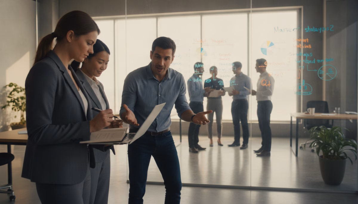 A diverse team of professionals gathered in a modern office environment, collaborating on a project. In the foreground, a focused woman with brown hair wearing a tailored suit, analyzing data on a laptop while taking notes on a notepad. Beside her, a man in a smart casual button-up shirt gestures enthusiastically as he shares ideas, while a woman of Asian descent nods in agreement. In the middle ground, a large whiteboard filled with colorful charts and strategies illustrates the team's brainstorming process. Behind them, large windows let in soft, natural light, enhancing the welcoming atmosphere of the workspace. The scene conveys a sense of teamwork, support, and determination to drive business growth, with a color palette that combines warm tones with cool blues, evoking professionalism and optimism. A diverse team of professionals gathered in a modern office environment, collaborating on a project. In the foreground, a focused woman with brown hair wearing a tailored suit, analyzing data on a laptop while taking notes on a notepad. Beside her, a man in a smart casual button-up shirt gestures enthusiastically as he shares ideas, while a woman of Asian descent nods in agreement. In the middle ground, a large whiteboard filled with colorful charts and strategies illustrates the team's brainstorming process. Behind them, large windows let in soft, natural light, enhancing the welcoming atmosphere of the workspace. The scene conveys a sense of teamwork, support, and determination to drive business growth, with a color palette that combines warm tones with cool blues, evoking professionalism and optimism.