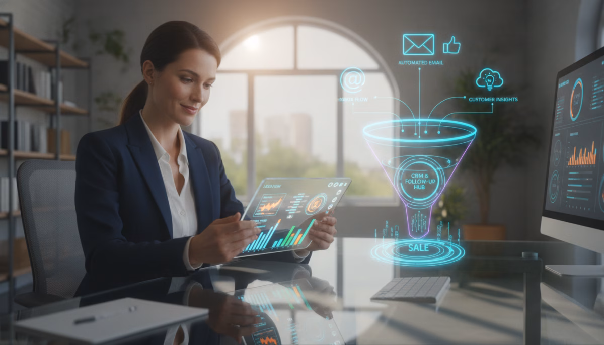 A dynamic and illustrative representation of the marketing automation and lead generation process. In the foreground, a professional woman in business attire is engaging with a digital tablet, analyzing data visualizations and graphs that symbolize the flow of leads. In the middle ground, interconnected elements of a marketing funnel emerge, depicting automated emails, social media interactions, and customer insights, all flowing seamlessly into a central hub. The background features a warm, inviting office setting with soft lighting, where a large window allows natural light to illuminate the room, creating a productive and optimistic atmosphere. The overall mood should convey efficiency, innovation, and the systematic nature of a consistent follow-up process, suggesting a sense of organization and clarity. The perspective should be slightly angled to emphasize depth and focus on both the individual and the technological elements at play. A dynamic and illustrative representation of the marketing automation and lead generation process. In the foreground, a professional woman in business attire is engaging with a digital tablet, analyzing data visualizations and graphs that symbolize the flow of leads. In the middle ground, interconnected elements of a marketing funnel emerge, depicting automated emails, social media interactions, and customer insights, all flowing seamlessly into a central hub. The background features a warm, inviting office setting with soft lighting, where a large window allows natural light to illuminate the room, creating a productive and optimistic atmosphere. The overall mood should convey efficiency, innovation, and the systematic nature of a consistent follow-up process, suggesting a sense of organization and clarity. The perspective should be slightly angled to emphasize depth and focus on both the individual and the technological elements at play.