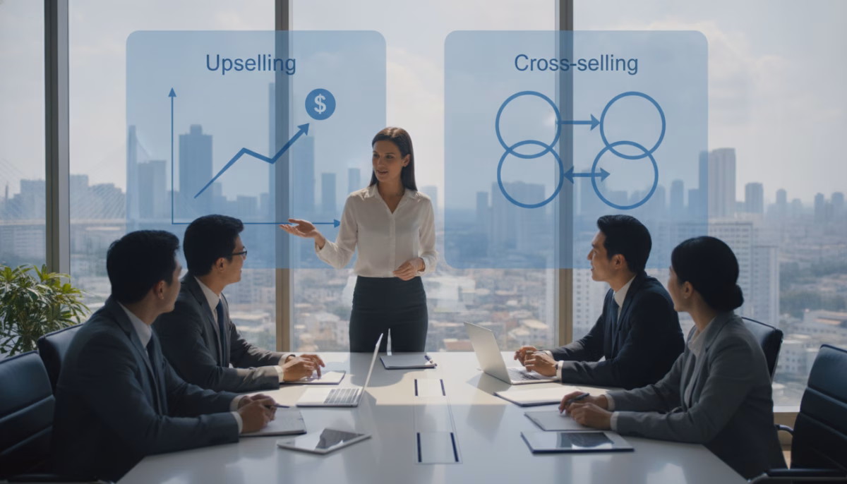 A dynamic and visually striking composition illustrating the differences between upselling and cross-selling strategies in a corporate setting. In the foreground, a diverse group of professionals dressed in smart business attire - a woman presenting to her colleagues, pointing to a large digital screen displaying two distinct charts: one labeled "Upselling" showing an upward trajectory, and the other labeled "Cross-selling" with interconnected arrows. The middle ground features office elements such as a modern conference table and digital devices, creating a collaborative atmosphere. The background includes a large window revealing a cityscape, symbolizing growth and opportunity. Utilize soft, natural lighting to emphasize a professional yet approachable mood, captured from a slightly elevated angle to portray engagement and teamwork in this strategic discussion. A dynamic and visually striking composition illustrating the differences between upselling and cross-selling strategies in a corporate setting. In the foreground, a diverse group of professionals dressed in smart business attire - a woman presenting to her colleagues, pointing to a large digital screen displaying two distinct charts: one labeled "Upselling" showing an upward trajectory, and the other labeled "Cross-selling" with interconnected arrows. The middle ground features office elements such as a modern conference table and digital devices, creating a collaborative atmosphere. The background includes a large window revealing a cityscape, symbolizing growth and opportunity. Utilize soft, natural lighting to emphasize a professional yet approachable mood, captured from a slightly elevated angle to portray engagement and teamwork in this strategic discussion.