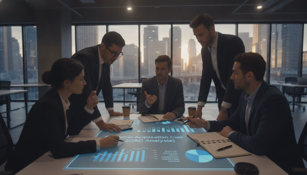 A dynamic business scene focusing on customer acquisition cost strategy. In the foreground, a diverse group of professionals in smart business attire, engaged in a discussion around a large digital tablet displaying charts and graphs analyzing customer acquisition costs. The middle ground features a modern, well-lit office environment with large windows showing a city skyline, symbolizing growth and opportunity. Strategically placed elements like a calculator, notepads, and coffee cups enhance the atmosphere of a brainstorming session. The background is slightly blurred to emphasize the professionals, with warm lighting creating an inviting and focused mood, conveying the importance of customer acquisition cost in business strategy. The camera angle captures the collaborative energy, wide enough to showcase the team dynamics without distractions. A dynamic business scene focusing on customer acquisition cost strategy. In the foreground, a diverse group of professionals in smart business attire, engaged in a discussion around a large digital tablet displaying charts and graphs analyzing customer acquisition costs. The middle ground features a modern, well-lit office environment with large windows showing a city skyline, symbolizing growth and opportunity. Strategically placed elements like a calculator, notepads, and coffee cups enhance the atmosphere of a brainstorming session. The background is slightly blurred to emphasize the professionals, with warm lighting creating an inviting and focused mood, conveying the importance of customer acquisition cost in business strategy. The camera angle captures the collaborative energy, wide enough to showcase the team dynamics without distractions.