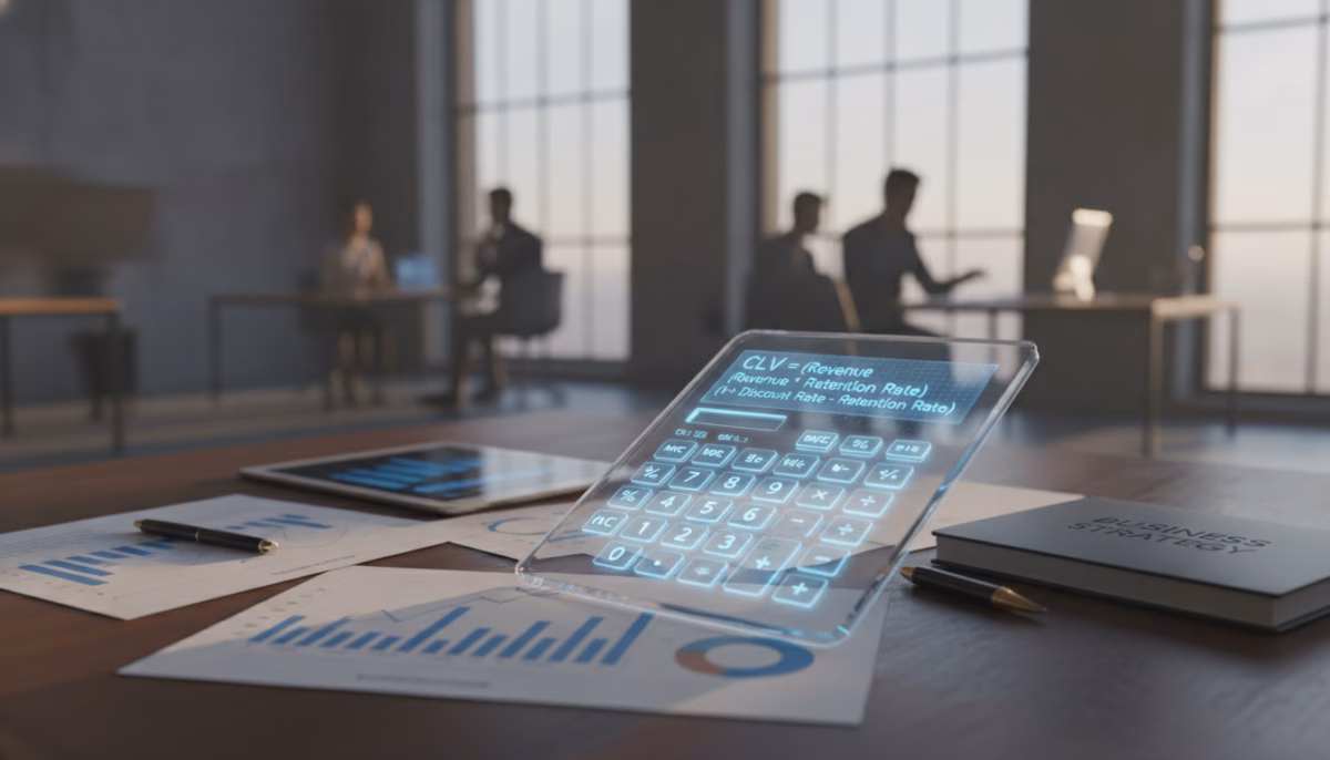 A dynamic composition illustrating the customer lifetime value formula in a professional setting. In the foreground, a sleek, modern calculator displaying a complex formula with symbols like CLV, revenue, retention rate, and discount rate. In the middle, a well-organized desk with financial reports and charts showing customer growth, symbolizing business analytics. The background features a blurred office environment with a large window letting in natural light, casting soft shadows across the scene. The atmosphere is focused and productive, evoking a sense of business strategy and financial insight. The image is captured with a shallow depth of field, emphasizing the calculator while maintaining contextual elements around it, creating an engaging visual for readers.