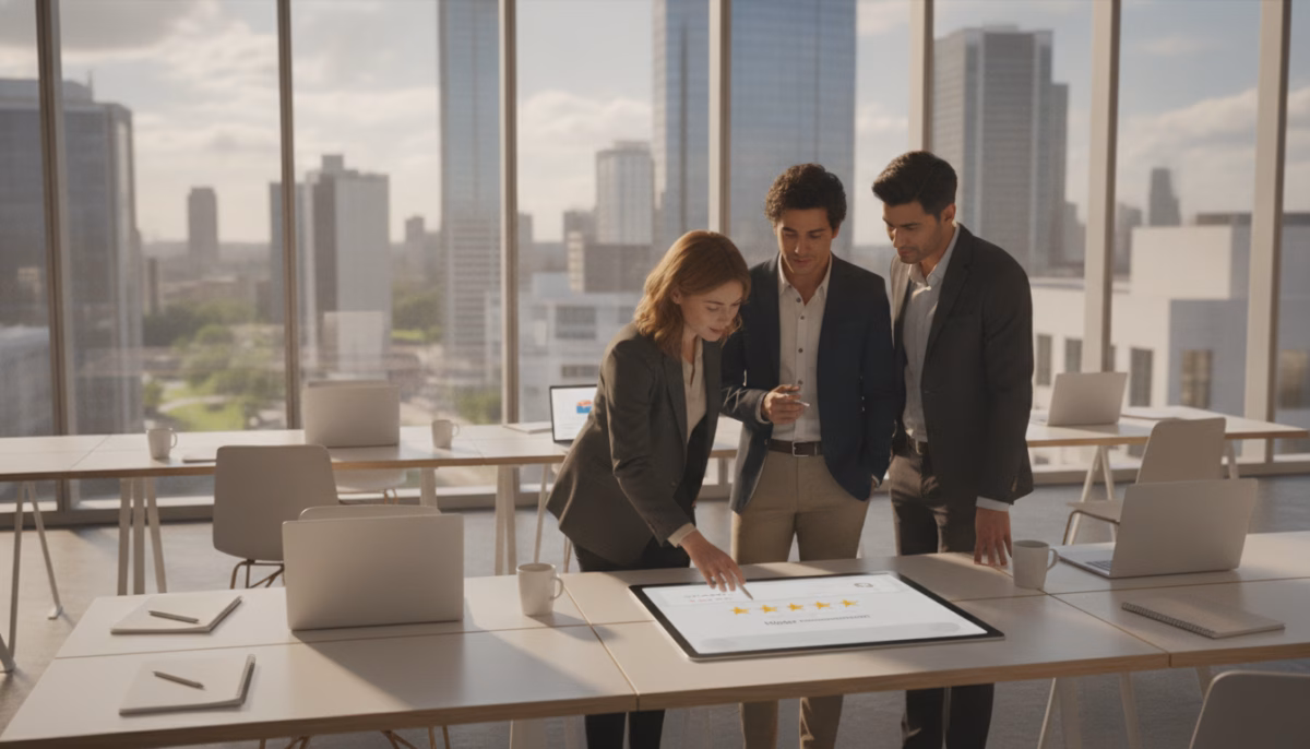 A modern, inviting workspace scene depicting a professional business setting where a team is collaboratively discussing Google review request strategies. In the foreground, a diverse group of three professionals (two women and one man) dressed in smart casual attire are focused on a large, digital tablet displaying a Google review page. In the middle ground, there are sleek, minimalist desks with laptops open, along with coffee cups and notepads, emphasizing productivity. The background features a large window allowing natural light to flood the room, with a city skyline view creating an inspiring atmosphere. The overall mood is engaging and upbeat, illustrating teamwork and the importance of customer feedback in driving business success. Soft, warm lighting enhances the inviting vibe without harsh shadows.