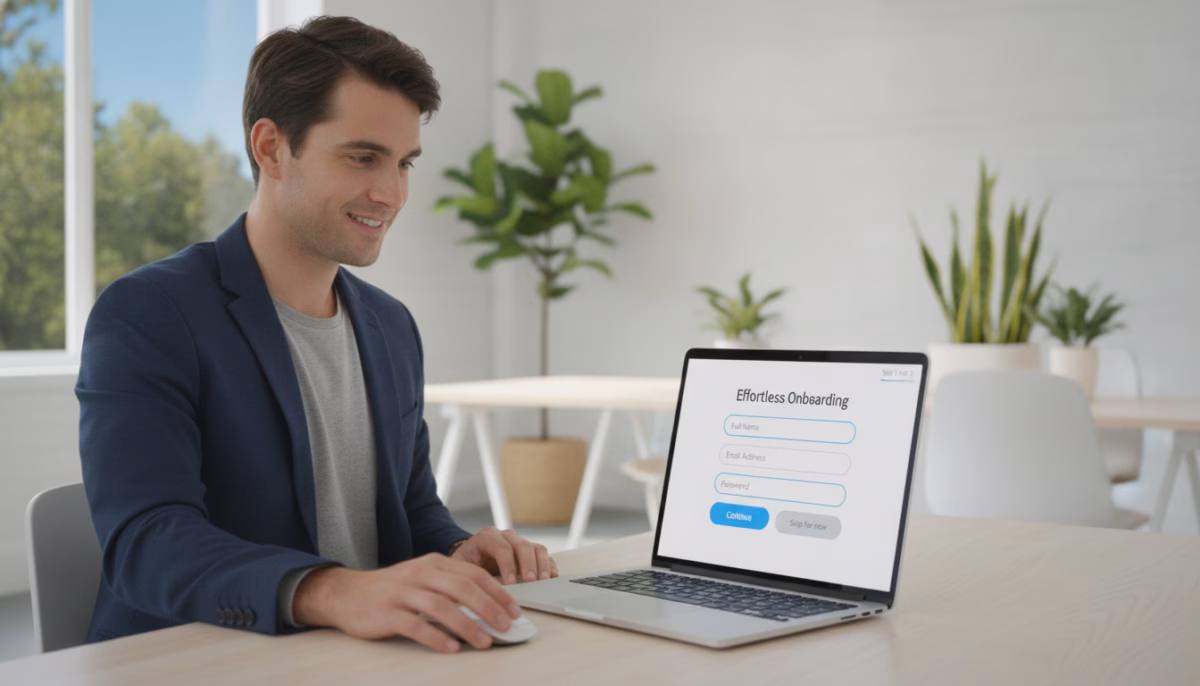 A modern, minimalist workspace featuring a laptop open to a simple, user-friendly online form. In the foreground, a professional individual in smart casual attire is focused on the screen, with a slight smile, reflecting satisfaction. The middle section highlights the laptop with a clear interface showing a sleek form design, with large input fields and easy navigation buttons. The background displays a bright, inviting office environment with soft lighting, potted plants, and a window allowing natural light to stream in, creating a warm and conducive atmosphere for productivity. The composition conveys a sense of ease and efficiency, emphasizing the essence of frictionless form optimization.