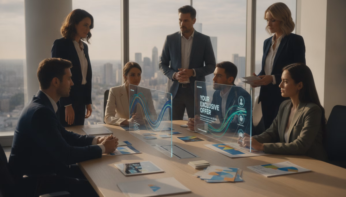 A modern office environment highlighting the concept of personalized marketing offers. In the foreground, a diverse group of professionals in business attire is engaged in a discussion, analyzing colorful graphs and digital screens displaying customer data and tailored offers. In the middle ground, various marketing materials like brochures and email templates with sleek designs are scattered across a conference table. The background features a large window with natural daylight streaming in, creating a warm and inviting atmosphere. Soft shadows enhance the depth of the scene, while the color palette includes vibrant blues, greens, and warm neutrals, conveying a sense of innovation and collaboration. The overall mood is dynamic and focused, emphasizing the importance of personalization in customer interactions. A modern office environment highlighting the concept of personalized marketing offers. In the foreground, a diverse group of professionals in business attire is engaged in a discussion, analyzing colorful graphs and digital screens displaying customer data and tailored offers. In the middle ground, various marketing materials like brochures and email templates with sleek designs are scattered across a conference table. The background features a large window with natural daylight streaming in, creating a warm and inviting atmosphere. Soft shadows enhance the depth of the scene, while the color palette includes vibrant blues, greens, and warm neutrals, conveying a sense of innovation and collaboration. The overall mood is dynamic and focused, emphasizing the importance of personalization in customer interactions.