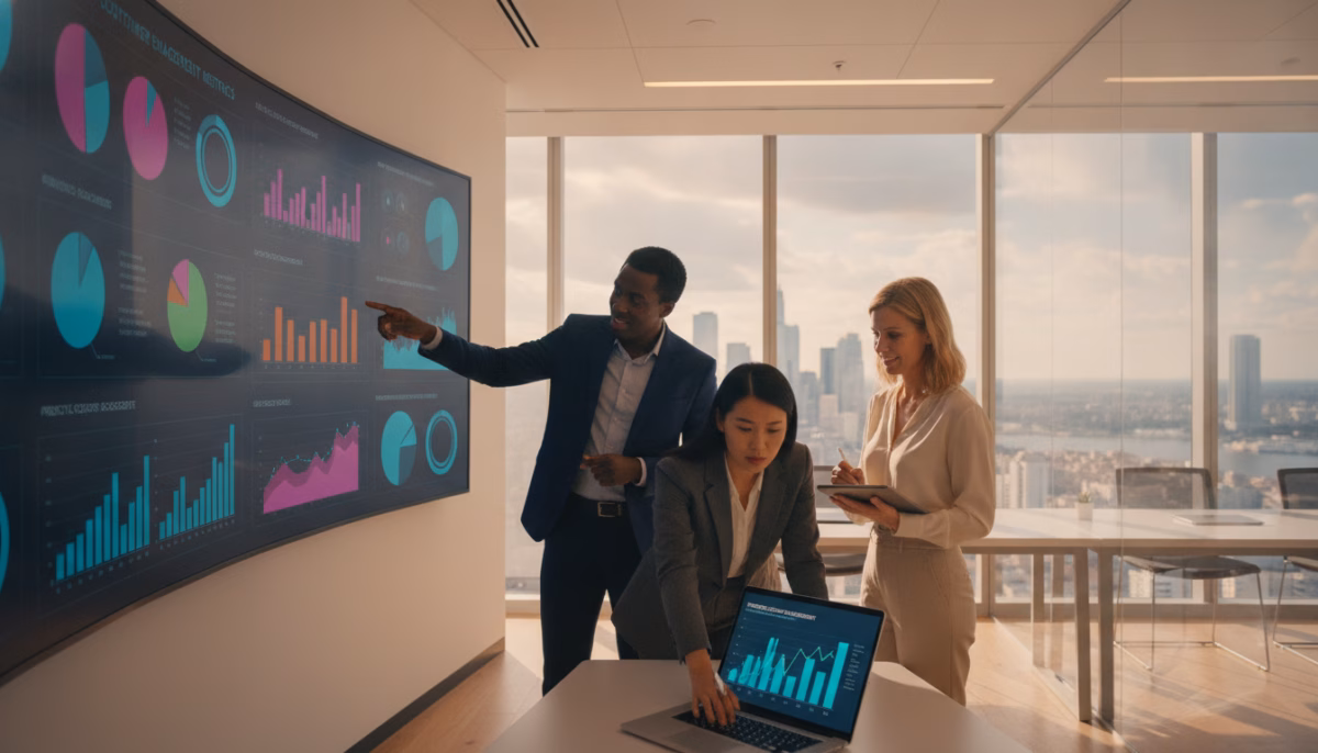A modern office environment with a diverse group of three professionals engaged in a strategy meeting. In the foreground, a woman of Asian descent analyzing graphs on a laptop, radiating focus and determination. In the middle, a man of African descent gesturing towards a digital display filled with vibrant, colorful charts indicating customer engagement metrics. A white woman in professional business attire taking notes, exuding a sense of collaboration. The background features large windows with natural light streaming in, showcasing a cityscape. Soft ambient lighting creates an inspiring atmosphere, while the composition includes a slight high-angle perspective, emphasizing teamwork and innovation in marketing technology. The overall mood is energetic and forward-thinking, capturing the essence of predictive customer re-engagement. A modern office environment with a diverse group of three professionals engaged in a strategy meeting. In the foreground, a woman of Asian descent analyzing graphs on a laptop, radiating focus and determination. In the middle, a man of African descent gesturing towards a digital display filled with vibrant, colorful charts indicating customer engagement metrics. A white woman in professional business attire taking notes, exuding a sense of collaboration. The background features large windows with natural light streaming in, showcasing a cityscape. Soft ambient lighting creates an inspiring atmosphere, while the composition includes a slight high-angle perspective, emphasizing teamwork and innovation in marketing technology. The overall mood is energetic and forward-thinking, capturing the essence of predictive customer re-engagement.