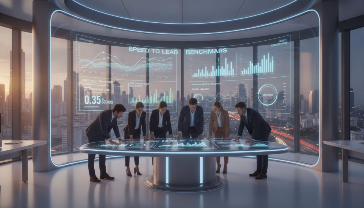 A modern office environment with an emphasis on speed and efficiency, featuring a sleek, futuristic meeting room. In the foreground, a diverse group of business professionals in smart attire, eagerly discussing and analyzing lead response metrics displayed on high-tech digital screens. The middle ground showcases interactive graphs and charts conveying "Speed to Lead Benchmarks," with eye-catching visuals representing data trends and performance indicators. The background includes large windows revealing a bustling city skyline, symbolizing a fast-paced business landscape. Warm, natural lighting filters in, casting vibrant reflections on the polished surfaces, creating an atmosphere of urgency and professionalism. The camera angle is slightly elevated, providing a comprehensive view of the scene, capturing both the people and the technology that defines today’s business communication. A modern office environment with an emphasis on speed and efficiency, featuring a sleek, futuristic meeting room. In the foreground, a diverse group of business professionals in smart attire, eagerly discussing and analyzing lead response metrics displayed on high-tech digital screens. The middle ground showcases interactive graphs and charts conveying "Speed to Lead Benchmarks," with eye-catching visuals representing data trends and performance indicators. The background includes large windows revealing a bustling city skyline, symbolizing a fast-paced business landscape. Warm, natural lighting filters in, casting vibrant reflections on the polished surfaces, creating an atmosphere of urgency and professionalism. The camera angle is slightly elevated, providing a comprehensive view of the scene, capturing both the people and the technology that defines today’s business communication.