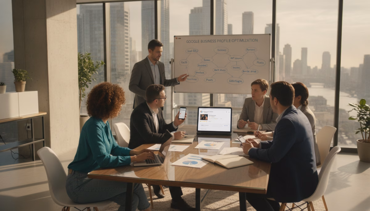 A modern office setting depicting a diverse team of professionals collaborating on optimizing a Google Business Profile. In the foreground, a woman in smart casual attire is focused on her laptop, taking notes on profile descriptions. Beside her, a man in a business suit points at a whiteboard filled with keywords and strategies for local search optimization. The middle ground features a stylish conference table with charts and a smartphone displaying the Google Business Profile interface. The background shows glass walls with city views, bathed in warm, natural light, creating an inviting and productive atmosphere. The overall mood is energetic and collaborative, emphasizing the importance of crafting a compelling and effective business profile for local engagement.