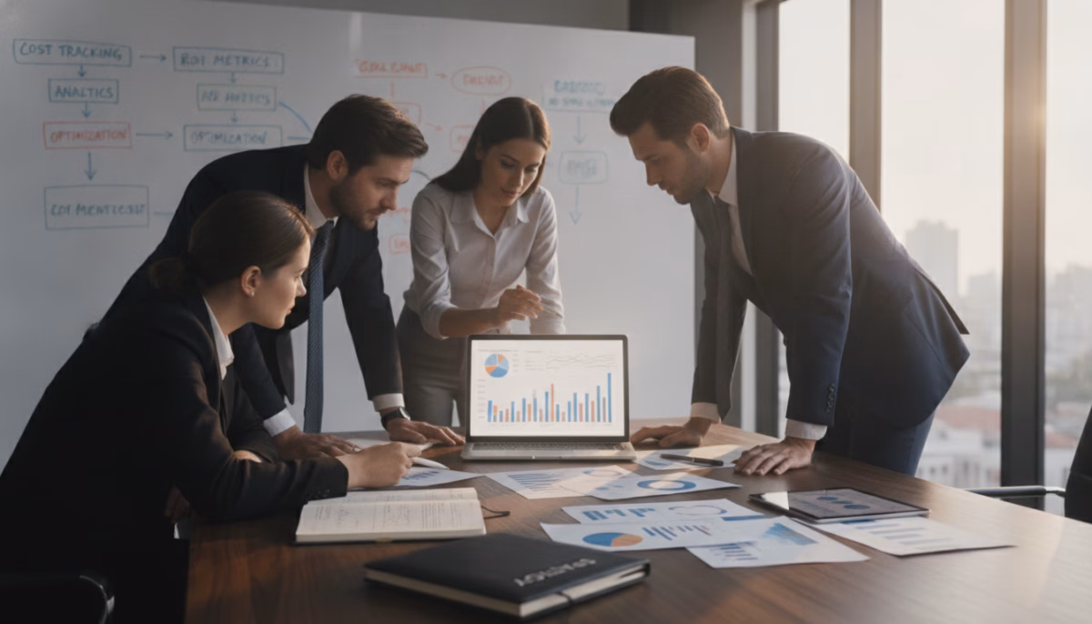 A modern office space serves as the backdrop for a focused business meeting. In the foreground, a diverse group of professionals—two men and two women—dressed in smart business attire, attentively analyze charts and graphs on a laptop. The middle ground features a sleek table cluttered with papers, digital devices displaying marketing analytics, and a stylish notebook filled with notes. The background showcases a large whiteboard filled with colorful diagrams illustrating cost tracking and ROI metrics, while a window lets in soft, natural light that casts a warm glow over the scene. The atmosphere is intense yet collaborative, emphasizing the importance of tracking marketing costs accurately for business success. Capture this dynamic environment with a slight angle from above to enhance depth and context. A modern office space serves as the backdrop for a focused business meeting. In the foreground, a diverse group of professionals—two men and two women—dressed in smart business attire, attentively analyze charts and graphs on a laptop. The middle ground features a sleek table cluttered with papers, digital devices displaying marketing analytics, and a stylish notebook filled with notes. The background showcases a large whiteboard filled with colorful diagrams illustrating cost tracking and ROI metrics, while a window lets in soft, natural light that casts a warm glow over the scene. The atmosphere is intense yet collaborative, emphasizing the importance of tracking marketing costs accurately for business success. Capture this dynamic environment with a slight angle from above to enhance depth and context.