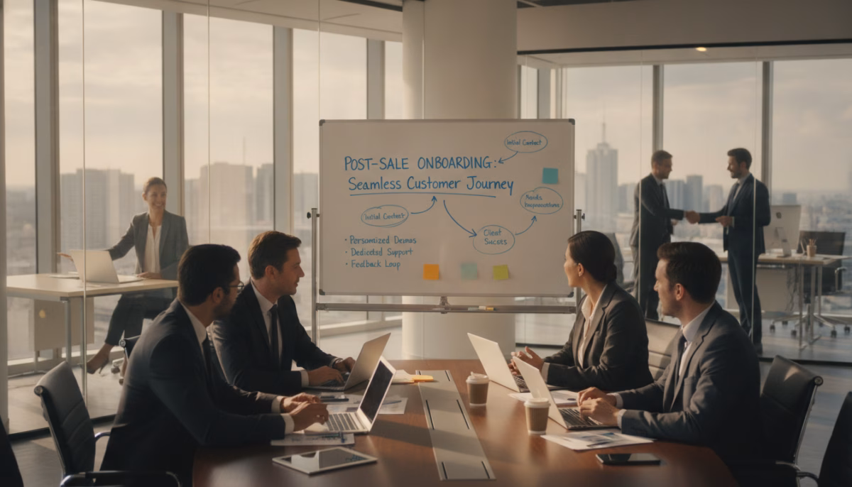 A modern, professional office setting filled with warm, natural light filtering through large windows. In the foreground, a diverse group of professionals in business attire are gathered around a sleek conference table, engaging in a collaborative discussion over laptops and documents. The middle ground features a stylish whiteboard with diagrams and flowcharts illustrating a seamless transition process, highlighting customer journey steps. In the background, glass-walled offices showcase employees interacting with clients, emphasizing positive relationships. The overall atmosphere is one of focus and productivity, promoting a sense of teamwork and efficiency in post-sale onboarding. The image should have a slightly elevated angle, capturing both the group and the dynamic workspace, with a balanced, inviting color palette.