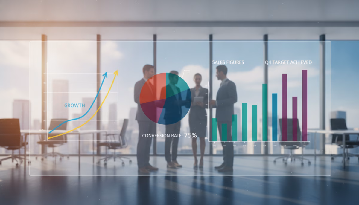 A modern sales pipeline dashboard showcasing vibrant metrics and charts. In the foreground, a sleek digital screen displays colorful graphs with upward trends, pie charts representing conversion rates, and bar graphs illustrating sales figures. The middle layer features a professional office setting with subtle reflections of business professionals in smart attire, engaged in discussion. In the background, large windows reveal a city skyline under bright daylight, creating an energetic atmosphere. Soft ambient lighting highlights the dashboard, while the lens captures a slight perspective from above, providing an overview of the dashboard metrics. The overall mood is focused yet dynamic, emphasizing the potential of revenue generation.
