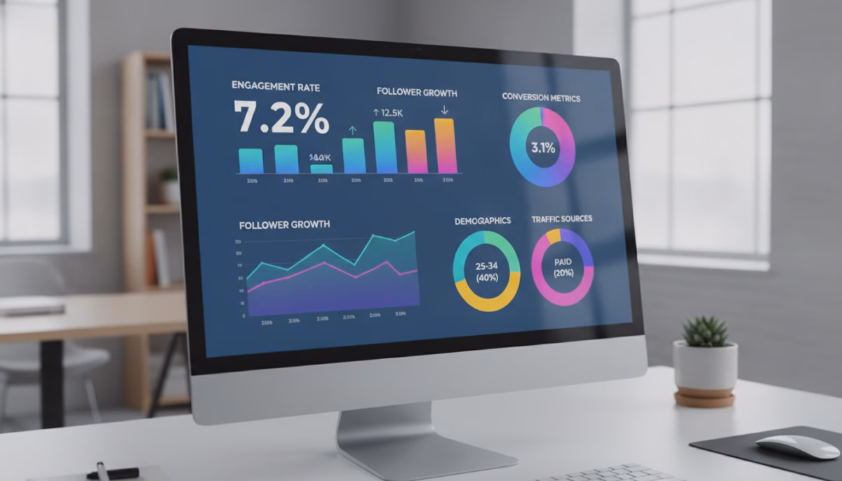 A modern social media metrics dashboard displayed on a sleek, high-resolution computer monitor. In the foreground, colorful graphs and charts illustrate key performance indicators (KPIs) like engagement rate, follower growth, and conversion metrics, with numerical values clearly visible. The middle layer features a user analytics section showing demographics and traffic sources, using vibrant colors for contrast. The background is a stylish office environment with soft ambient lighting, creating a professional and inviting atmosphere. The angle of the photo is slightly angled from above, showcasing the dashboard’s interface seamlessly. The overall mood conveys efficiency and analytical precision, emphasizing the importance of social media metrics in driving business outcomes. No text or overlays are present, ensuring a clean visual focus on the dashboard.