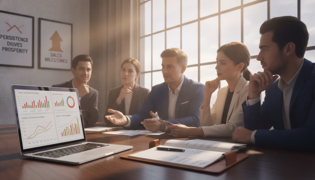 A professional business environment illustrating the concept of a sales follow-up benchmark. In the foreground, a sleek wooden desk with a laptop open displaying a spreadsheet or graph showing follow-up statistics. Nearby, a notepad and pen, suggesting meticulous tracking of leads. In the middle ground, a diverse group of professionals in business attire engaging in a discussion, with one person gesturing toward the laptop. The background features a large window with sunlight streaming in, casting a warm glow, and inspirational wall art related to sales success. The atmosphere is focused, collaborative, and motivating, emphasizing the importance of persistence in sales. The lighting is bright and inviting, enhancing productivity and professionalism.