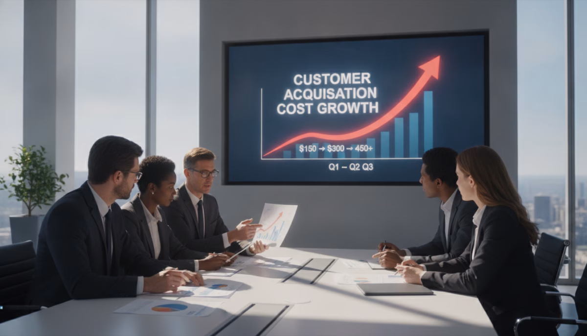 A professional business meeting scene illustrating "Customer Acquisition Cost Growth". In the foreground, a diverse group of businesspeople dressed in professional attire, engaged in a dynamic discussion around a sleek conference table covered with charts and graphs indicating rising customer acquisition costs. In the middle ground, a large digital screen displays a line graph with an upward trend, showing growth metrics. The background features a modern office environment with floor-to-ceiling windows allowing natural light to flood the room, reflecting a sense of optimism. The atmosphere is focused and energetic, highlighting collaboration and strategizing for business growth. Capture the scene with a wide-angle lens to encompass the lively interaction and contemporary setting. A professional business meeting scene illustrating "Customer Acquisition Cost Growth". In the foreground, a diverse group of businesspeople dressed in professional attire, engaged in a dynamic discussion around a sleek conference table covered with charts and graphs indicating rising customer acquisition costs. In the middle ground, a large digital screen displays a line graph with an upward trend, showing growth metrics. The background features a modern office environment with floor-to-ceiling windows allowing natural light to flood the room, reflecting a sense of optimism. The atmosphere is focused and energetic, highlighting collaboration and strategizing for business growth. Capture the scene with a wide-angle lens to encompass the lively interaction and contemporary setting.
