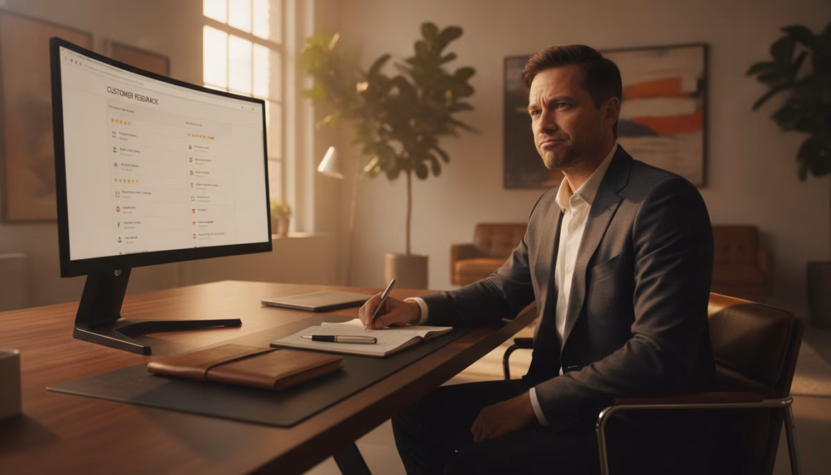 A professional business person in formal attire, sitting at a sleek desk with a computer displaying a Google reviews page filled with both positive and negative reviews. The desk features a notepad and a pen, indicating strategic planning. In the background, a large window lets in natural light, highlighting a professional office environment with plants and modern decor. The person's expression is focused and determined as they analyze the reviews, contemplating a response. The atmosphere is serious yet hopeful, suggesting the importance of handling online reputation. Use soft, warm lighting to create a welcoming feel, and choose a slightly low angle to emphasize the professionalism and authority of the subject.