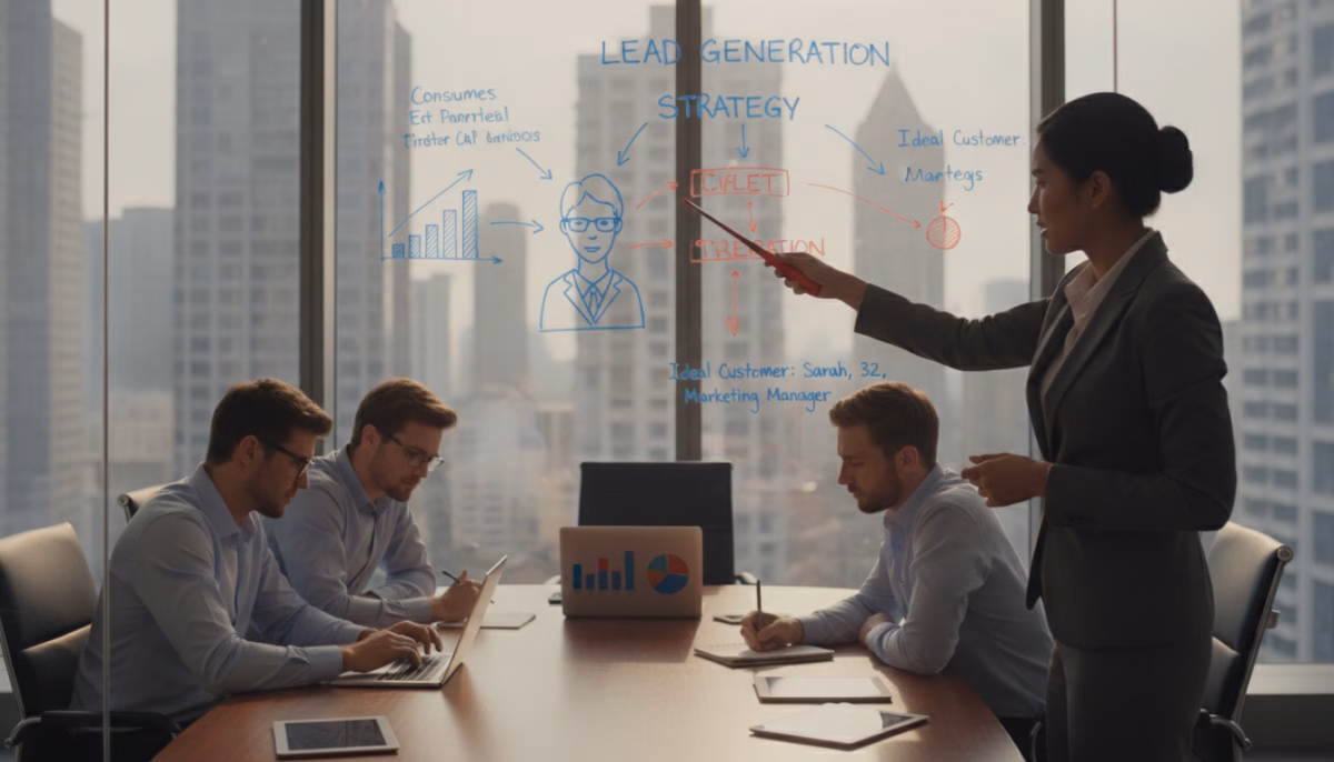 A professional business setting showcasing a diverse team gathered around a whiteboard filled with charts and diagrams representing their lead generation strategy. In the foreground, a focused woman in a smart business suit points at a detailed customer persona sketch. To her right, a man in a casual button-up shirt takes notes, while another colleague analyzes data on a laptop. The middle ground features a sleek conference table with digital devices displaying analytics. The background reveals a glass window with a cityscape view, bathed in soft, warm daylight. The atmosphere conveys a sense of collaboration and innovation, emphasizing the importance of aligning lead generation efforts with ideal customer profiles. A professional business setting showcasing a diverse team gathered around a whiteboard filled with charts and diagrams representing their lead generation strategy. In the foreground, a focused woman in a smart business suit points at a detailed customer persona sketch. To her right, a man in a casual button-up shirt takes notes, while another colleague analyzes data on a laptop. The middle ground features a sleek conference table with digital devices displaying analytics. The background reveals a glass window with a cityscape view, bathed in soft, warm daylight. The atmosphere conveys a sense of collaboration and innovation, emphasizing the importance of aligning lead generation efforts with ideal customer profiles.