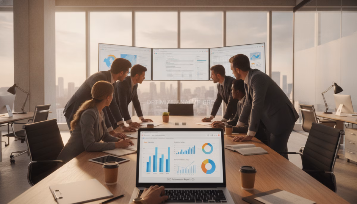 A professional digital workspace featuring a diverse team of business people in smart business attire, intensely engaged in analyzing search visibility data on multiple screens. In the foreground, a close-up of a laptop displays colorful graphs and analytics related to SEO metrics. The middle ground reveals a collaborative meeting table with charts, notepads, and digital devices scattered around. In the background, a modern office space with large windows allows natural light to flood in, creating a bright and inviting atmosphere. The soft glow of desk lamps provides additional illumination, emphasizing the focus and determination of the team. The mood is analytical and proactive, reflecting a commitment to improving online search visibility.