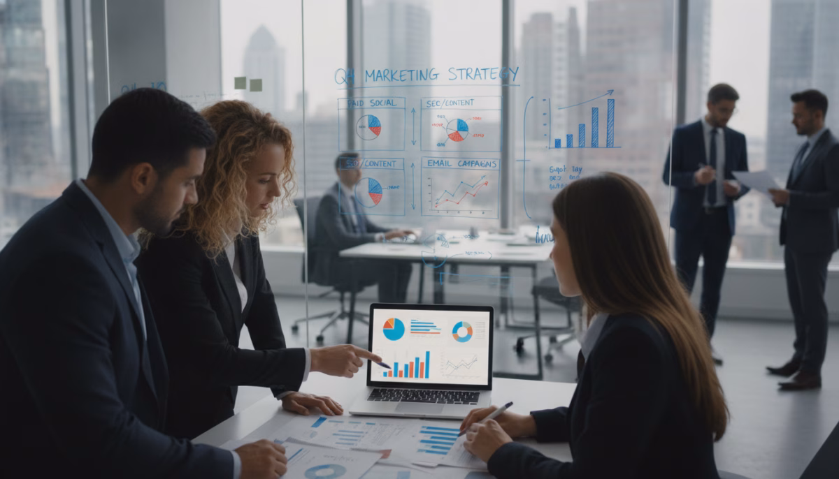 A professional office environment featuring a diverse team of businesspeople in smart business attire, engaged in a collaborative marketing ROI reporting process. In the foreground, a group of three individuals, one male and two females, analyzing colorful charts and graphs displayed on a laptop and printed documents. The middle ground showcases a large whiteboard filled with strategic marketing metrics and visual data representations, such as pie charts and line graphs. The background highlights a modern office setting with large windows allowing natural light to flood the room, creating an uplifting atmosphere. The mood is focused and dynamic, capturing the essence of teamwork and analytical thinking in the marketing domain. The perspective is from a slight angle, emphasizing both collaboration and the analytical tools being used. A professional office environment featuring a diverse team of businesspeople in smart business attire, engaged in a collaborative marketing ROI reporting process. In the foreground, a group of three individuals, one male and two females, analyzing colorful charts and graphs displayed on a laptop and printed documents. The middle ground showcases a large whiteboard filled with strategic marketing metrics and visual data representations, such as pie charts and line graphs. The background highlights a modern office setting with large windows allowing natural light to flood the room, creating an uplifting atmosphere. The mood is focused and dynamic, capturing the essence of teamwork and analytical thinking in the marketing domain. The perspective is from a slight angle, emphasizing both collaboration and the analytical tools being used.