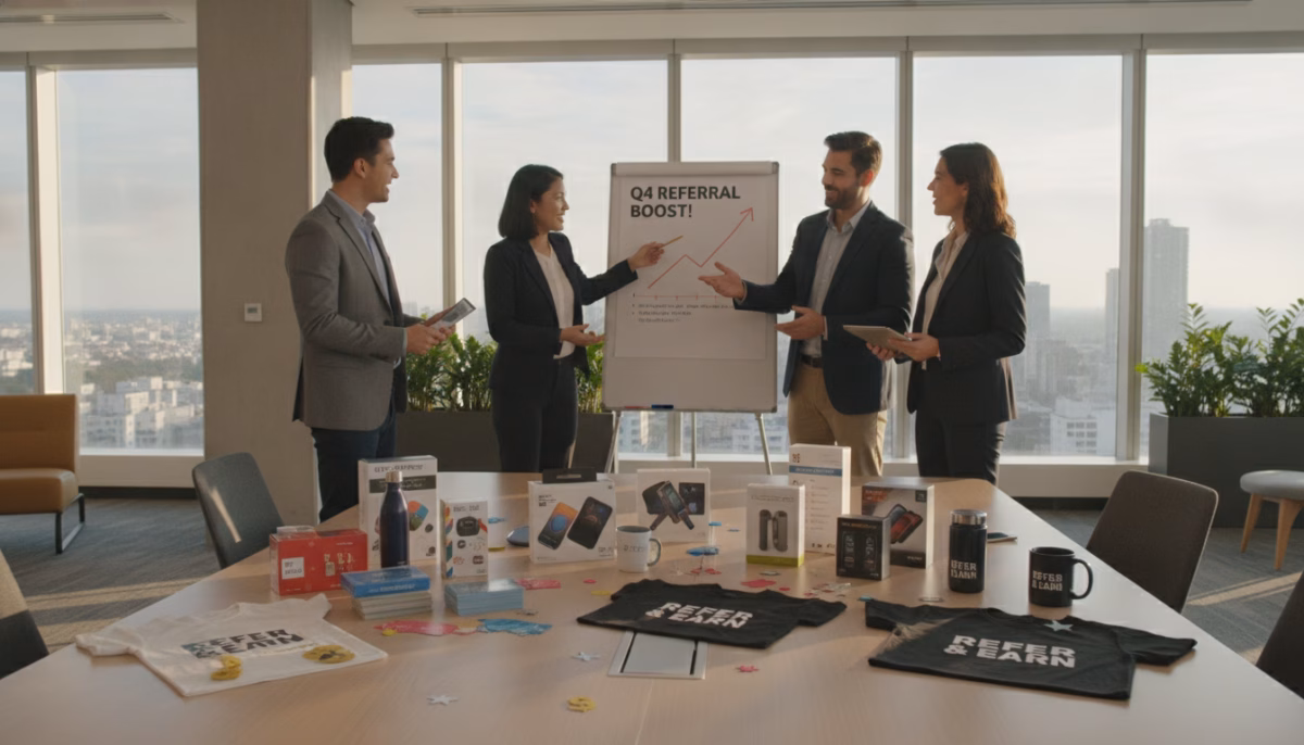 A vibrant and engaging office scene showcasing a group of diverse professionals discussing referral program rewards. In the foreground, a table filled with colorful reward items like gift cards, premium products, and promotional materials, arranged neatly. The middle ground features a multicultural team of four individuals in smart business attire, animatedly exchanging ideas and pointing at a chart displaying referral growth. In the background, a modern office setting with large windows allowing natural light to pour in, creating a warm and inviting atmosphere. The overall mood is collaborative and motivational, emphasizing the rewards and incentives that inspire customer referrals, captured from a slightly elevated angle to give depth to the scene. A vibrant and engaging office scene showcasing a group of diverse professionals discussing referral program rewards. In the foreground, a table filled with colorful reward items like gift cards, premium products, and promotional materials, arranged neatly. The middle ground features a multicultural team of four individuals in smart business attire, animatedly exchanging ideas and pointing at a chart displaying referral growth. In the background, a modern office setting with large windows allowing natural light to pour in, creating a warm and inviting atmosphere. The overall mood is collaborative and motivational, emphasizing the rewards and incentives that inspire customer referrals, captured from a slightly elevated angle to give depth to the scene.