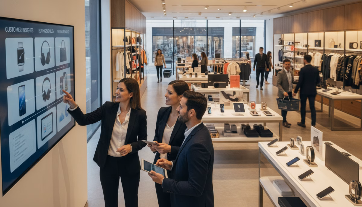 A vibrant and engaging scene illustrating "customer needs and buying signals" in a modern retail environment. In the foreground, a diverse group of four professionals in business attire engage in a lively discussion, with one person pointing towards a digital display showcasing products. The middle ground features a well-organized store layout filled with various high-quality products, such as electronics and fashion items, subtly illuminated by soft, warm lighting. In the background, blurred silhouettes of eager shoppers can be seen exploring the aisle, hinting at their interests and needs. The atmosphere is dynamic and positive, conveying a sense of connection and attentiveness as the professionals analyze customer behaviors. Capture this scene from a slightly elevated angle to include both human interactions and product displays effectively. A vibrant and engaging scene illustrating "customer needs and buying signals" in a modern retail environment. In the foreground, a diverse group of four professionals in business attire engage in a lively discussion, with one person pointing towards a digital display showcasing products. The middle ground features a well-organized store layout filled with various high-quality products, such as electronics and fashion items, subtly illuminated by soft, warm lighting. In the background, blurred silhouettes of eager shoppers can be seen exploring the aisle, hinting at their interests and needs. The atmosphere is dynamic and positive, conveying a sense of connection and attentiveness as the professionals analyze customer behaviors. Capture this scene from a slightly elevated angle to include both human interactions and product displays effectively.