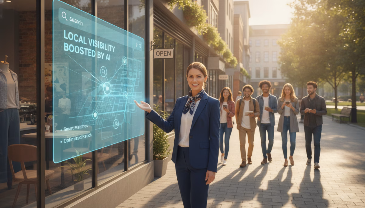 A vibrant, bustling street scene depicting a diverse array of local businesses, such as cafes, boutiques, and service shops, prominently featured in the foreground. A professional-looking business owner, dressed in smart business attire, gestures towards a digital screen displaying AI-driven search results focused on local visibility. In the middle ground, community members interact with mobile devices, exploring the businesses around them. The background features a sunny urban landscape, with greenery and buildings showcasing a thriving neighborhood atmosphere. Soft, warm lighting enhances the welcoming feeling, while a shallow depth of field adds focus on the business owner and the digital display. The overall mood is one of optimism and innovation, symbolizing the integration of AI in enhancing local business visibility.