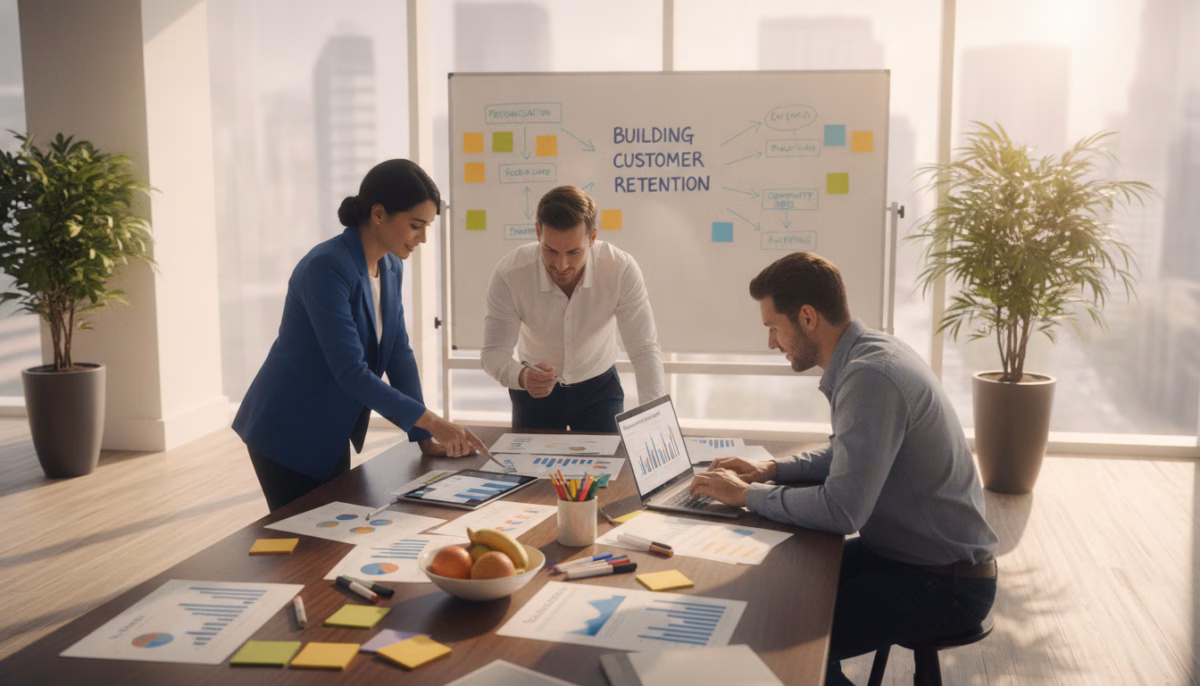 A vibrant, modern office environment showcasing a professional small business team engaged in a dynamic brainstorming session. In the foreground, a diverse group of three people in business attire, including a woman in a smart blazer, a man in a tailored shirt, and a person in business casual, huddled around a table filled with charts, graphs, and a laptop displaying customer retention metrics. In the middle ground, a large whiteboard filled with colorful sticky notes and strategies, while potted plants add a touch of greenery. The background features large windows allowing natural light to flood the room, creating an inspiring atmosphere. The image captures a sense of collaboration, innovation, and focus, emphasizing the importance of building a customer retention program. Soft, warm lighting enhances the inviting mood of the scene, with a slightly elevated angle to highlight the teamwork.
