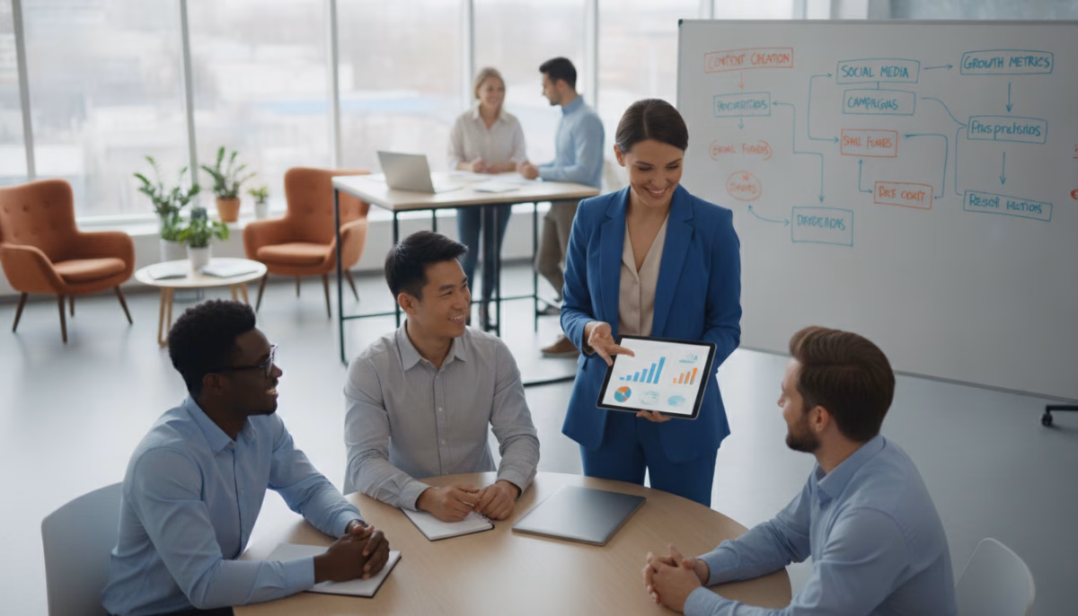 A vibrant office environment depicting a small business owner engaging with customers through high-value marketing strategies. In the foreground, a professional businesswoman in smart attire is attentively discussing ideas with a diverse group of clients, showcasing interactive marketing materials like brochures and digital tablets. The middle ground features a modern workspace with a large window allowing soft, natural light to flood in, illuminating a whiteboard filled with colorful marketing strategies and growth charts. In the background, a cozy seating area with plants creates an inviting atmosphere for collaboration. Shot with a wide-angle lens from a slightly elevated angle, the scene conveys a dynamic and optimistic mood, highlighting the potential of effective marketing to reach new customers. A vibrant office environment depicting a small business owner engaging with customers through high-value marketing strategies. In the foreground, a professional businesswoman in smart attire is attentively discussing ideas with a diverse group of clients, showcasing interactive marketing materials like brochures and digital tablets. The middle ground features a modern workspace with a large window allowing soft, natural light to flood in, illuminating a whiteboard filled with colorful marketing strategies and growth charts. In the background, a cozy seating area with plants creates an inviting atmosphere for collaboration. Shot with a wide-angle lens from a slightly elevated angle, the scene conveys a dynamic and optimistic mood, highlighting the potential of effective marketing to reach new customers.