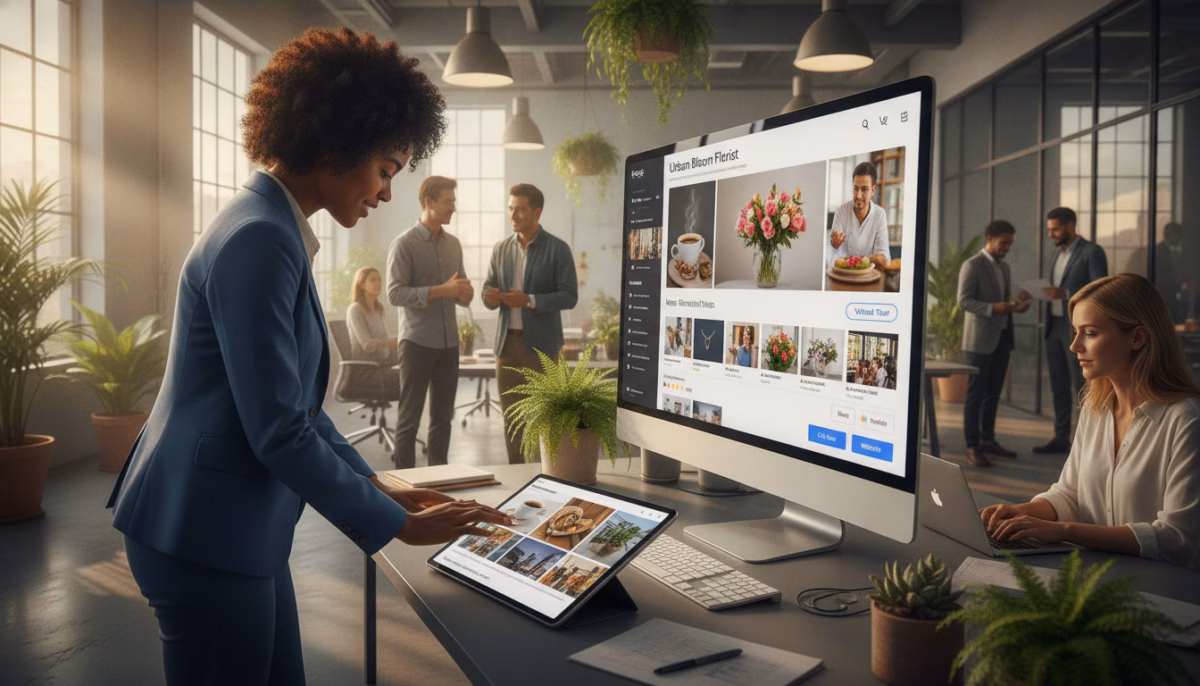 A vibrant office scene showcasing a diverse group of professionals engaging with a Google Business Profile on multiple devices. In the foreground, a focused woman in business attire looks at a tablet displaying colorful photos and videos representing products and services offered by a local business. The middle layer features a large computer monitor showing a well-organized Google Business Profile with engaging visual content. In the background, a modern workspace with plants and bright lighting creates a welcoming atmosphere. Soft, natural light filters through large windows, casting warm reflections on the sleek surfaces. The mood is collaborative and energetic, illustrating the importance of multimedia in attracting customers and generating calls.