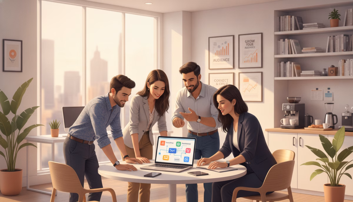 A visually engaging illustration of a small business platform integration scene. In the foreground, depict a diverse group of four professionals in business casual attire, engaged in a discussion around a laptop displaying various marketing analytics and platform icons. In the middle ground, showcase a bright, modern office space with large windows flooding natural light, inspirational posters of successful marketing campaigns on the walls, and greenery to create a fresh atmosphere. In the background, include shelves lined with marketing books and a coffee station, symbolizing collaboration and creativity. The overall mood is inspiring and dynamic, emphasizing the importance of effective marketing systems for small businesses. Use a warm color palette with soft lighting to enhance the inviting ambiance.