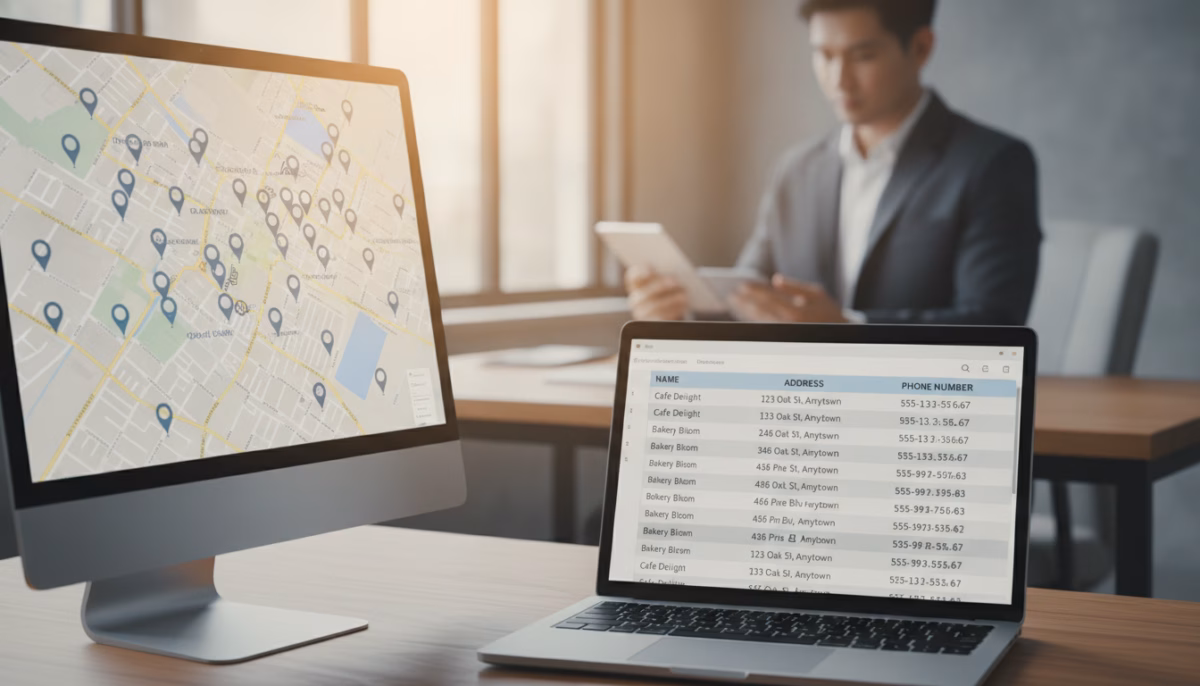 A visually engaging image illustrating "NAP consistency in local SEO." In the foreground, a close-up of a desktop displaying a map with pins and markers representing local business locations, conveying the concept of accurate addresses. In the middle, an open laptop shows a spreadsheet with consistent NAP entries (Name, Address, Phone Number) laid out clearly. In the background, a blurred office environment with a professional looking person in business attire, reviewing data on a digital tablet. The lighting is bright and inviting, emanating a warm, productive atmosphere. The angle is slightly elevated to provide depth, emphasizing the importance of consistency in local SEO without any text or branding elements visible. A visually engaging image illustrating "NAP consistency in local SEO." In the foreground, a close-up of a desktop displaying a map with pins and markers representing local business locations, conveying the concept of accurate addresses. In the middle, an open laptop shows a spreadsheet with consistent NAP entries (Name, Address, Phone Number) laid out clearly. In the background, a blurred office environment with a professional looking person in business attire, reviewing data on a digital tablet. The lighting is bright and inviting, emanating a warm, productive atmosphere. The angle is slightly elevated to provide depth, emphasizing the importance of consistency in local SEO without any text or branding elements visible.