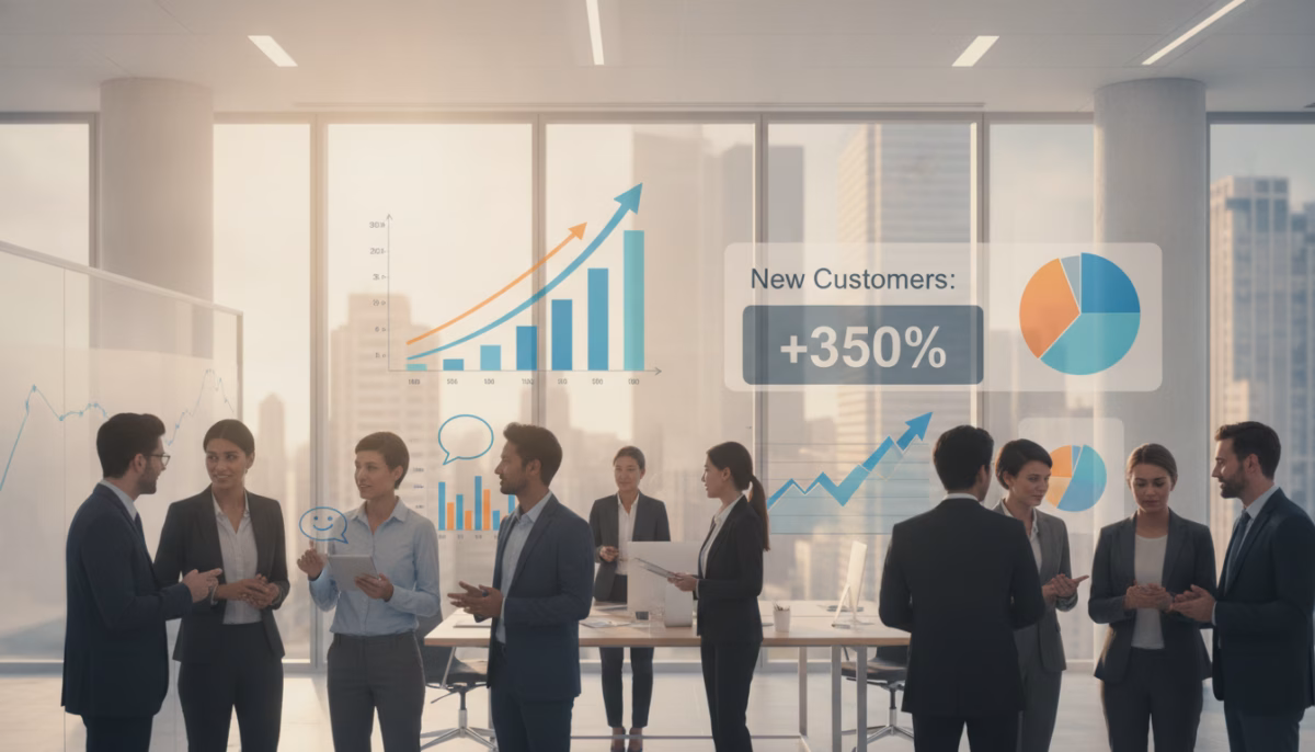 A visually striking and harmonious scene illustrating the benefits of referral marketing in customer conversion. In the foreground, depict a diverse group of professional individuals in business attire, engaging in enthusiastic conversations, exchanging compliments, and sharing testimonials. The middle ground shows a vibrant office environment filled with charts and graphs symbolizing growth and success, showcasing a clear upward trend in customer numbers. In the background, soft, ambient lighting creates a warm, inviting atmosphere, while large windows reveal a bright city skyline, representing opportunity and expansion. The overall mood is optimistic, emphasizing collaboration and trust among customers and businesses, capturing the essence of how happy customers lead to new business through referrals. A visually striking and harmonious scene illustrating the benefits of referral marketing in customer conversion. In the foreground, depict a diverse group of professional individuals in business attire, engaging in enthusiastic conversations, exchanging compliments, and sharing testimonials. The middle ground shows a vibrant office environment filled with charts and graphs symbolizing growth and success, showcasing a clear upward trend in customer numbers. In the background, soft, ambient lighting creates a warm, inviting atmosphere, while large windows reveal a bright city skyline, representing opportunity and expansion. The overall mood is optimistic, emphasizing collaboration and trust among customers and businesses, capturing the essence of how happy customers lead to new business through referrals.