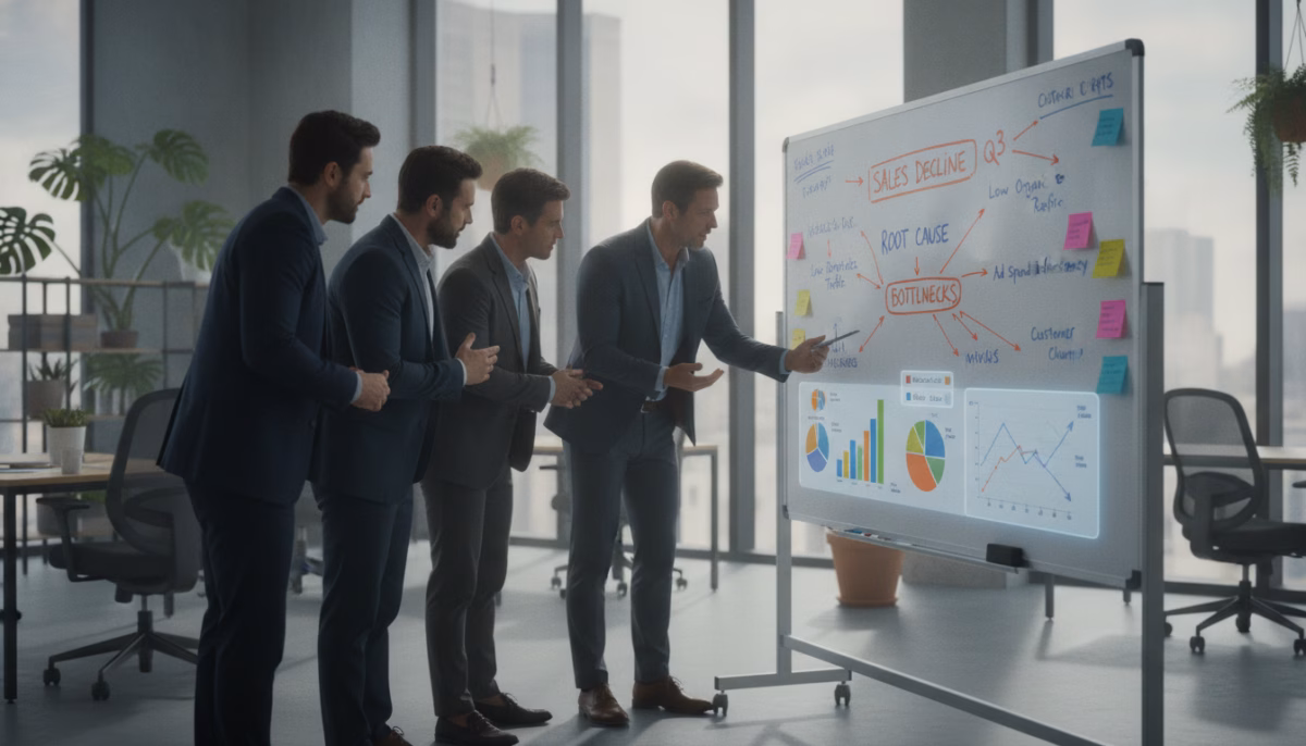 A detailed illustration of marketing metrics root cause analysis, featuring a professional workspace environment. In the foreground, a diverse team of business professionals, dressed in smart casual attire, collaboratively analyzing colorful charts and graphs displayed on a large screen. The middle layer shows a whiteboard filled with key performance indicators and sticky notes, highlighting various marketing metrics with arrows pointing to potential bottlenecks. In the background, a bright, well-lit office space with large windows and plants creates a positive, engaging atmosphere. The lighting is soft yet focused, creating a sense of urgency and purpose. The composition is dynamic, capturing the team's energy as they discuss and identify root causes behind sales challenges. A detailed illustration of marketing metrics root cause analysis, featuring a professional workspace environment. In the foreground, a diverse team of business professionals, dressed in smart casual attire, collaboratively analyzing colorful charts and graphs displayed on a large screen. The middle layer shows a whiteboard filled with key performance indicators and sticky notes, highlighting various marketing metrics with arrows pointing to potential bottlenecks. In the background, a bright, well-lit office space with large windows and plants creates a positive, engaging atmosphere. The lighting is soft yet focused, creating a sense of urgency and purpose. The composition is dynamic, capturing the team's energy as they discuss and identify root causes behind sales challenges.